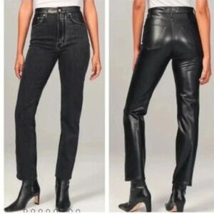 Abercrombie Mixed Fabric Ultra High Rise Ankle Straight‎ Jean Black Leather 22L
